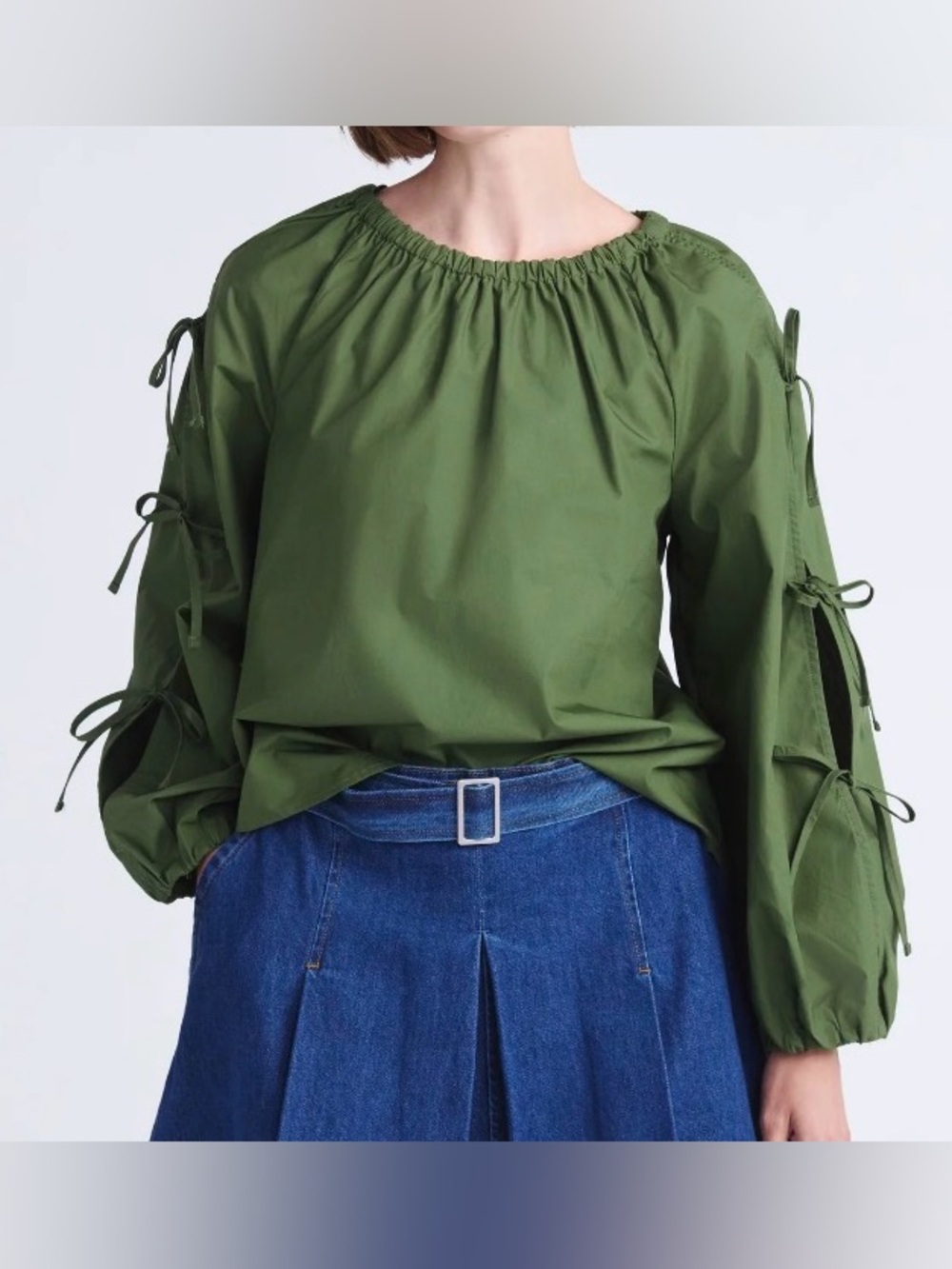 Free Assembly Olive Green Cotton Blouse with Long Tie Sleeves - Size Small
